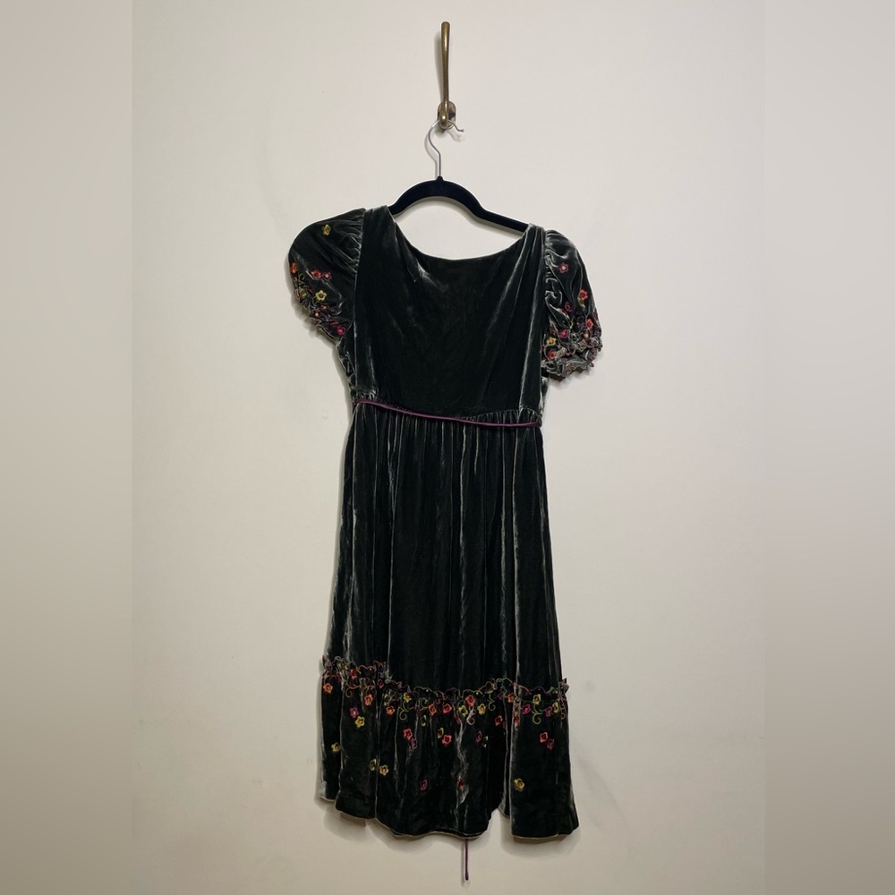 Vintage Betsey Johnson New York Velvet Dress in Dark Green Floral Embroidered - Picture 4 of 4